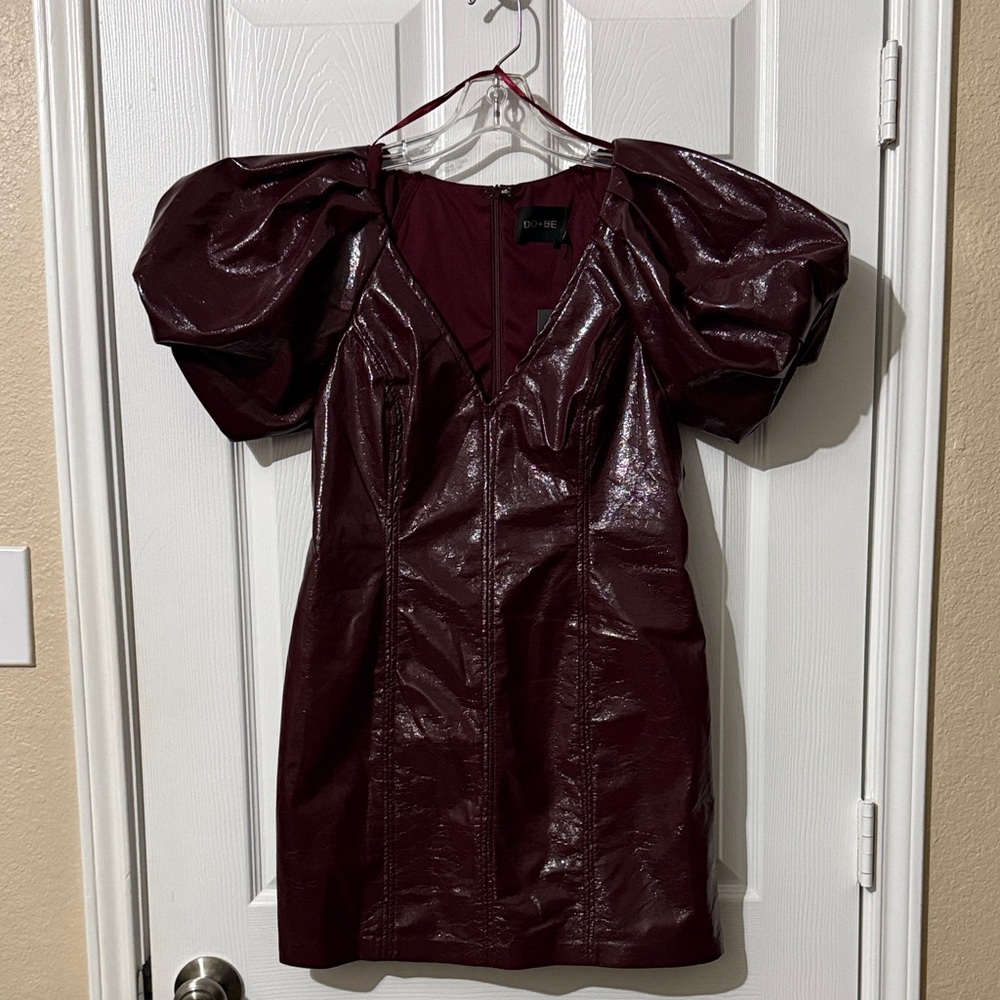 DO+BE Glossy Burgundy Puff Sleeve Mini Dress